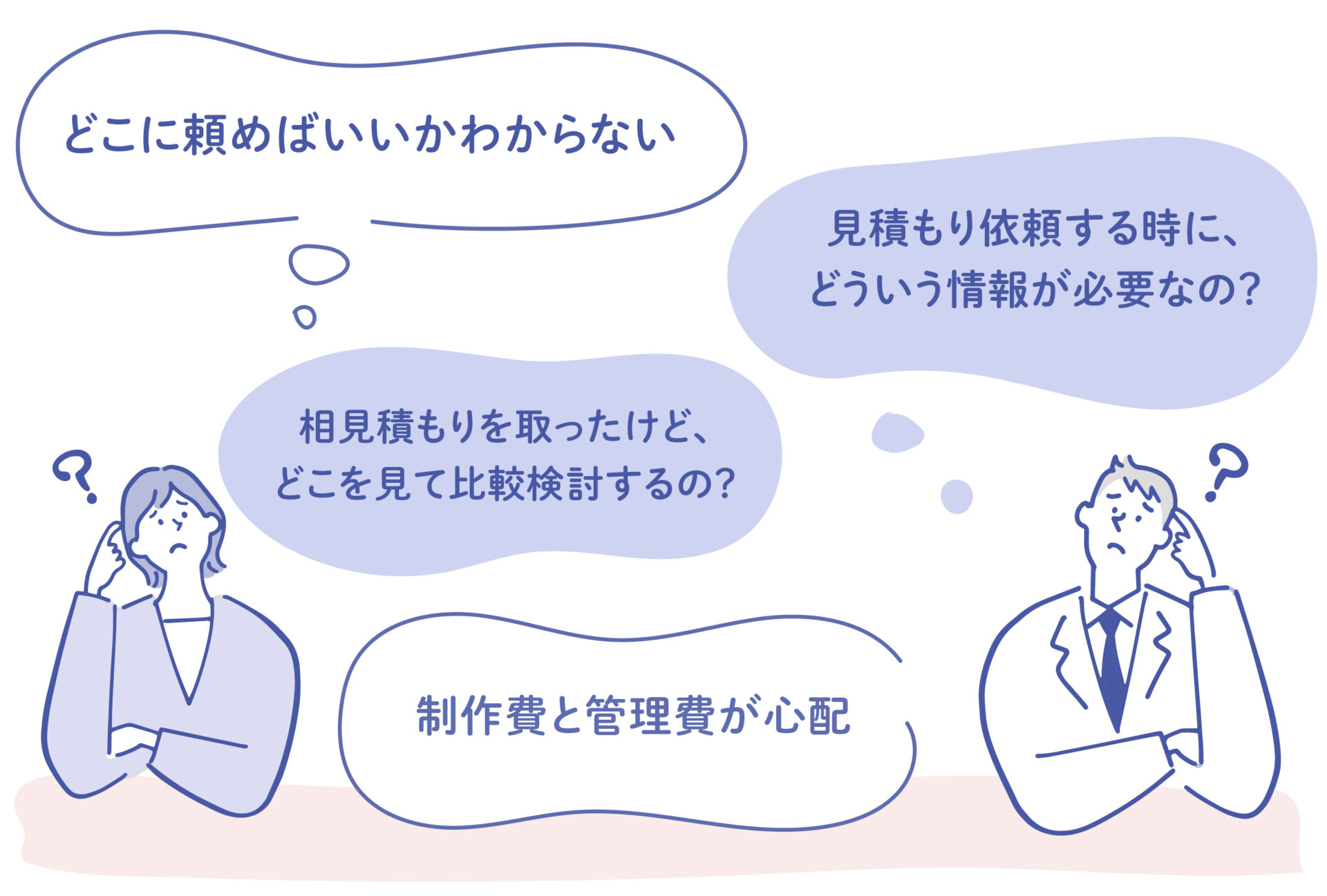 HP制作時のお悩み どこに頼めばいいかわからない 見積もり依頼する時にどういう情報が必要なの？ 相見積もり取ったけどどこを見て比較検討するの？ 制作費と管理費が心配